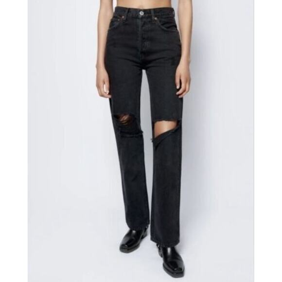 Re/Done Denim - REDONE 90s High-Rise Loose Straight Leg Jeans Button Fly Ripped in Washed Black